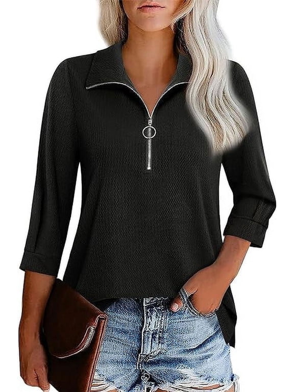 Womens Tops Casual 3/4 Length Sleeve V Neck Shirts and Blouses Zipper Collar Women Polo Shirts,Black XL