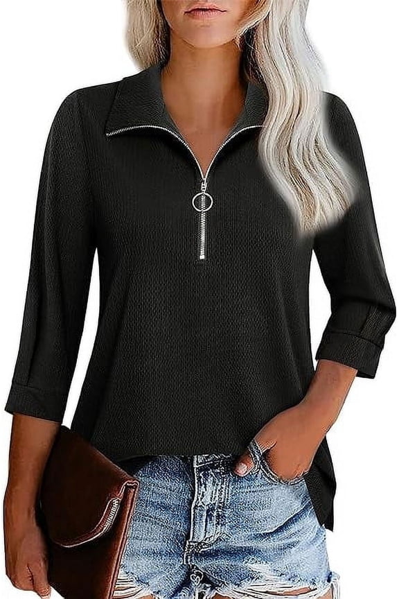 Womens Tops Casual 3/4 Length Sleeve V Neck Shirts and Blouses Zipper Collar Women Polo Shirts,Black L