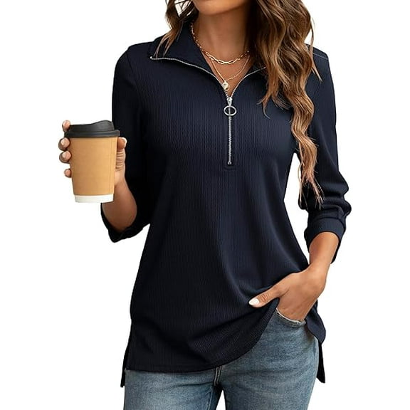 Aiyino Womens Tops Casual 3/4 Length Sleeve V Neck Shirts and Blouses Zipper Collar Women Polo Shirts