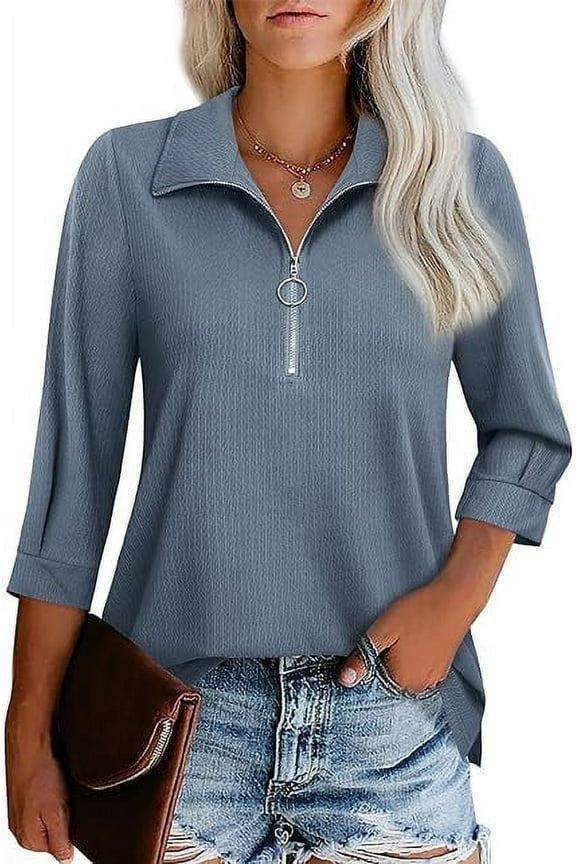 Womens Tops Casual 3/4 Length Sleeve V Neck Shirts and Blouses Zipper Collar Women Polo Shirts