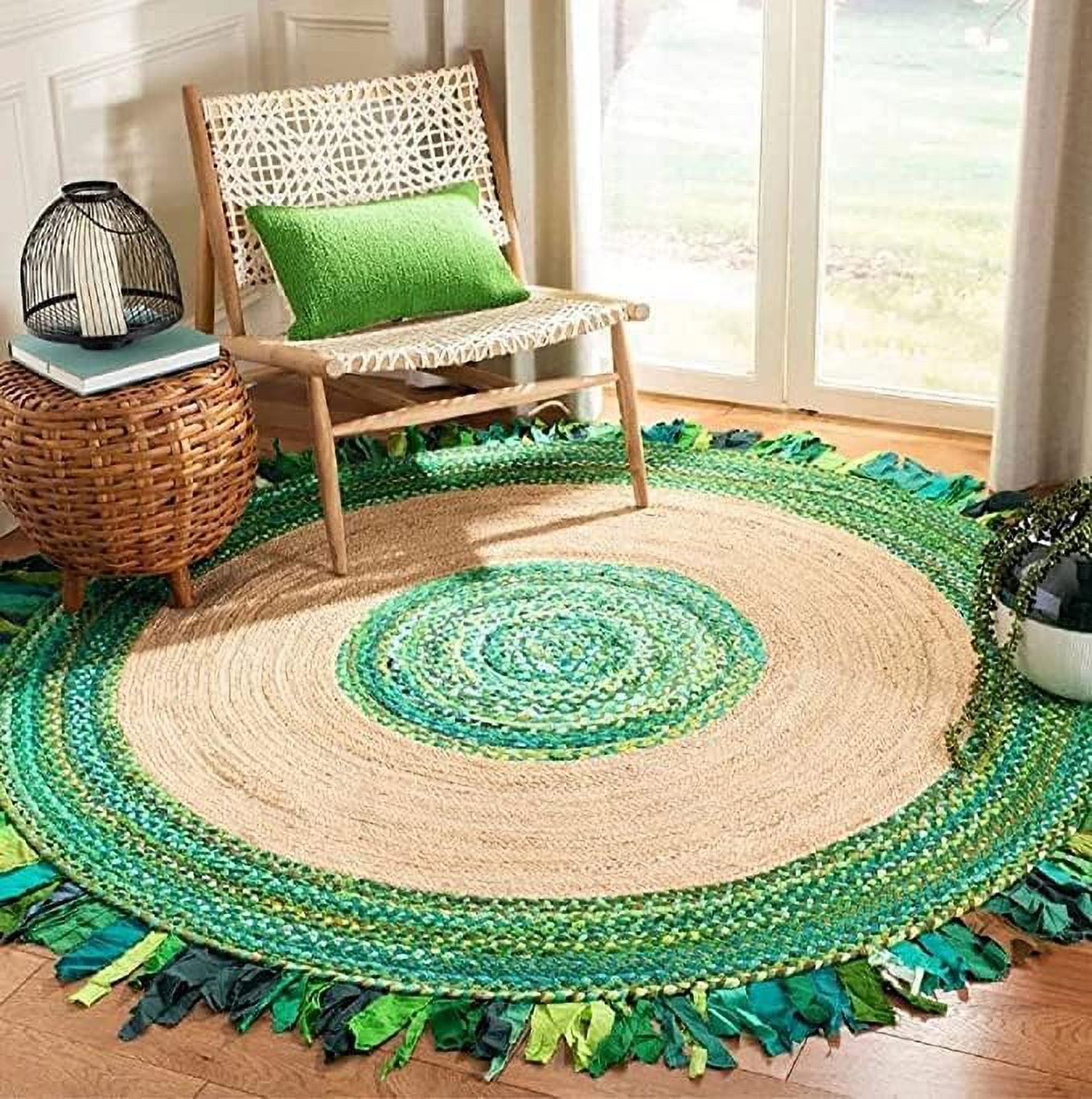 Aizza Trends Hand Woven Braided Natural Jute and Cotton Round Floor