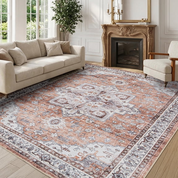 Wondiair 5x7 Vintage Persian Area Rug, Machine Washable Non-Slip Low Pile Carpet in Terracotta Brown, Soft Indoor Rug for Living Room, Dining Room, Bedroom and Kids Room