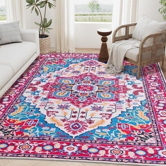 Wondiair 5x7 Non-Slip Washable Area Rug, Low Pile Persian Style Carpet, Bold Tribal Design for Living Room, Dorm and Holiday Decor