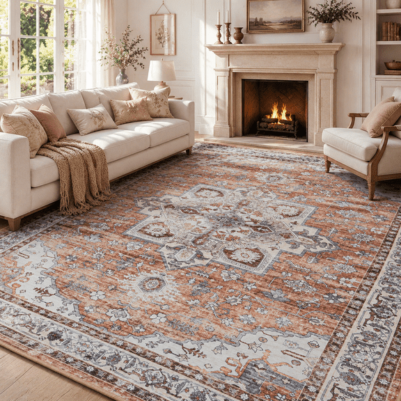 Wondiair 5x7 Terracotta Vintage Persian Rug, Washable Non-Slip Low Pile for Living Room Bedroom