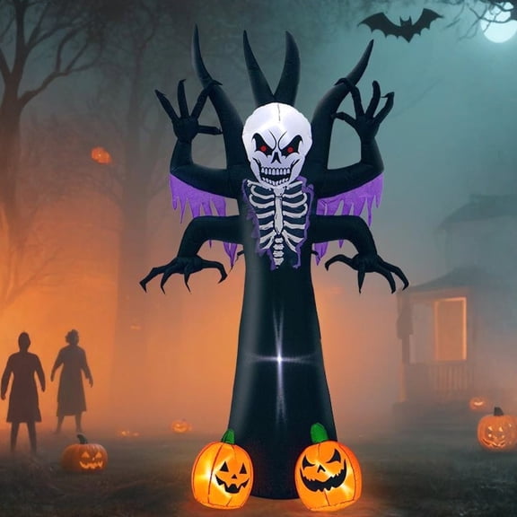 Ajahrug 8FT Halloween Inflatables Skeleton  Creepy Face Grim Reaper Outdoor Yard Decoration with Pumpkins and Lights for Lawn & Garden