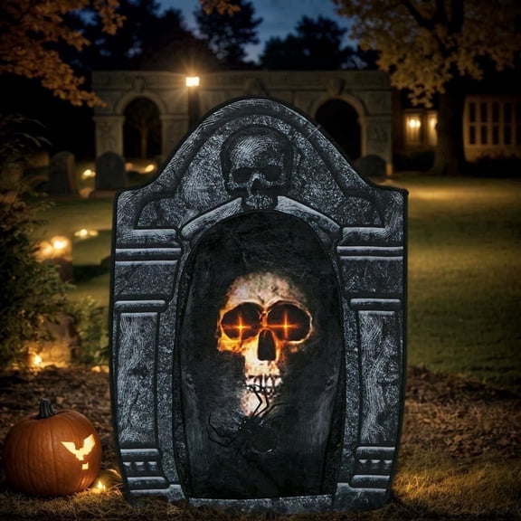 Wondiair 41" Halloween Skull Tombstone with Glowing LED Eyes, Foldable Outdoor Graveyard Decoration for Yard, Lawn, Cemetery & Haunted House