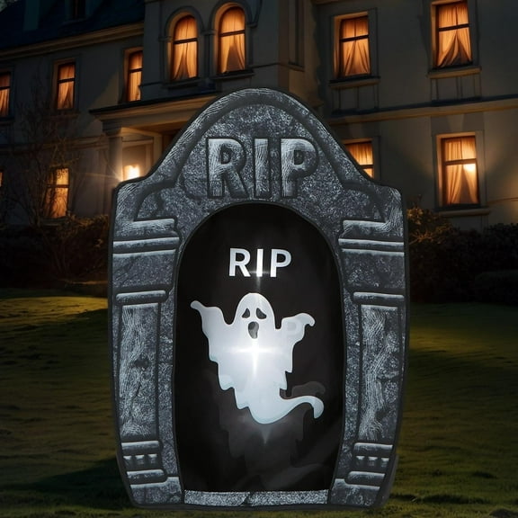 Ajahrug Halloween Tombstones, Creepy 41 Inch Ghost Tombstone for Lawn, Foldable Polyester Graveyard Decoration with Stakes, Halloween Inflatables Style