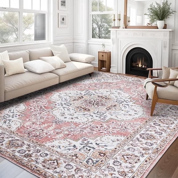 Wondiair 5'x7' Rose Pink Persian Floral Area Rug Carpet, Machine Washable Non-Slip for Living Room & Bedroom
