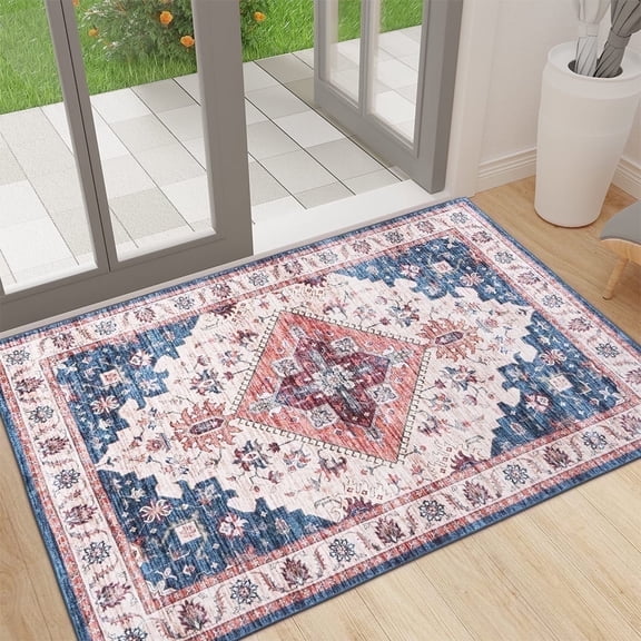 Wondiair 2'x3'Area Rug Vintage Persian Diamond Medallion Accent Rug – Soft Machine Washable Non-Slip Low Pile Carpet for Entryway, Kitchen or Bedside – Dusty Blue & Rose Gold