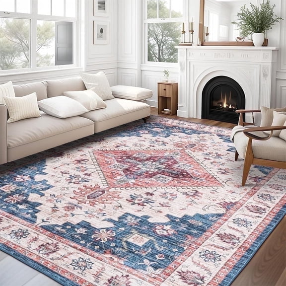 Wondiair 6'x9' Large Vintage Persian Area Rug – Machine Washable Soft Non-Slip Low Pile Diamond Medallion Carpet for Living Room Dining Room Bedroom– Dusty Blue & Rose Gold