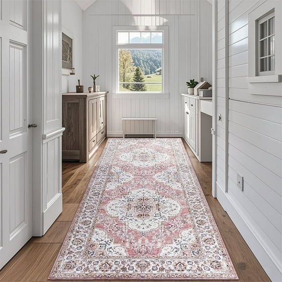 Wondiair 2'x6' Runner Rug, Vintage Persian Medallion Design, Machine Washable Soft Non-Slip Low Pile Carpet for Hallway / Entryway / Kitchen, Rose Pink Ivory