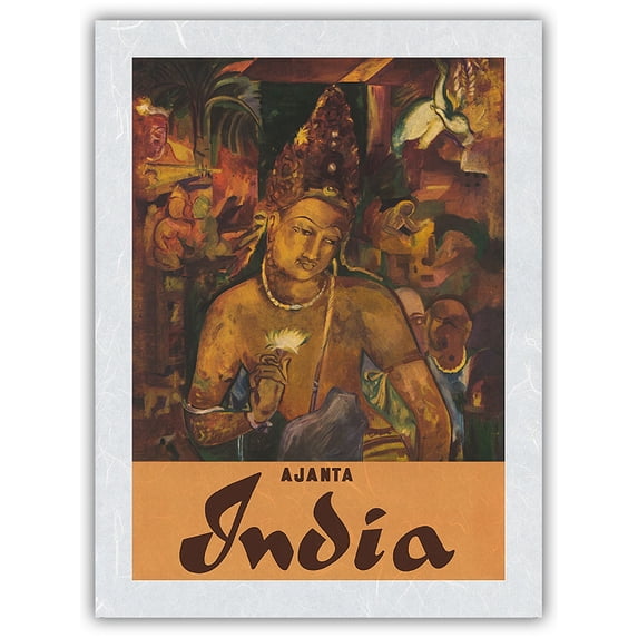 Ajanta Caves India - Ancient Painting of Bodhisattva Padmapani - Vintage Travel Poster c.1959 - Japanese Unryu Rice Paper Art Print (Unframed) 12 x 16 in