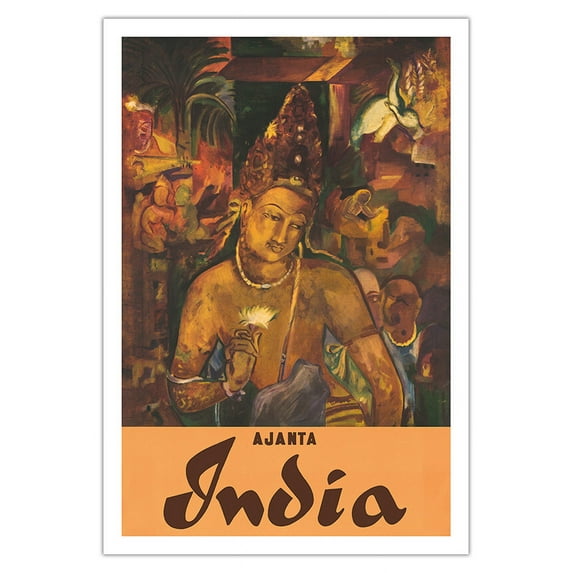 Ajanta Caves India - Ancient Painting of Bodhisattva Padmapani - Vintage Travel Poster c.1959 - Fine Art Matte Paper Print (Unframed) 30x44in