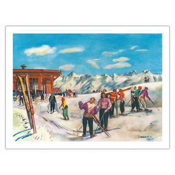 Ajax Hill Aspen Colorado - Skiers - United Air Lines - Vintage Airline Travel Poster by Millard Sheets c.1951 - Fine Art Matte Paper Print (Unframed) 24x32in