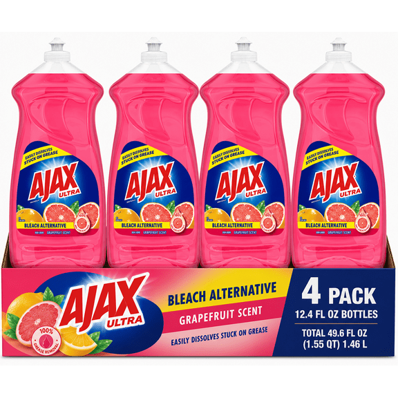 Ajax Ultra Dish Liquid Bleach Alternative Grapefruit Scent, Grease Cutting Dish Soap, 12.4 fl oz Bottles, Pack of 4