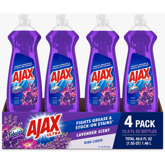 Ajax Ultra Dish Liquid with Fabuloso Lavender Scent, Grease Cutting Dish Soap, 12.4 fl oz Bottles, Pack of 4