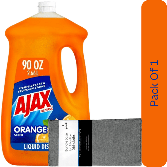 Ajax Ultra Triple Action Dishwashing Liquid, Orange Scent, 90 fl oz with Microfiber Solid Color Dishcloth by BundleEase