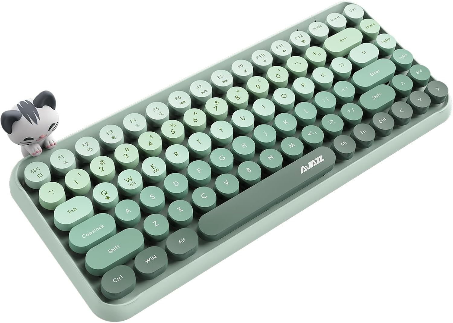 Ajazz 308i Retro Wireless Bluetooth Silent Computer Keyboard with Round Punk Compact 84 keys, Lightweight, Matte Texture, Typewriter Design, Cute Magnetic Cat Ornaments for PC, Laptop - Green