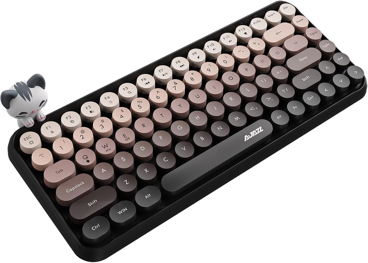 Ajazz 308i Retro Wireless Bluetooth Silent Computer Keyboard with Round Punk Compact 84 keys, Lightweight, Matte Texture, Typewriter Design, Cute Magnetic Cat Ornaments for PC, Laptop - Pink