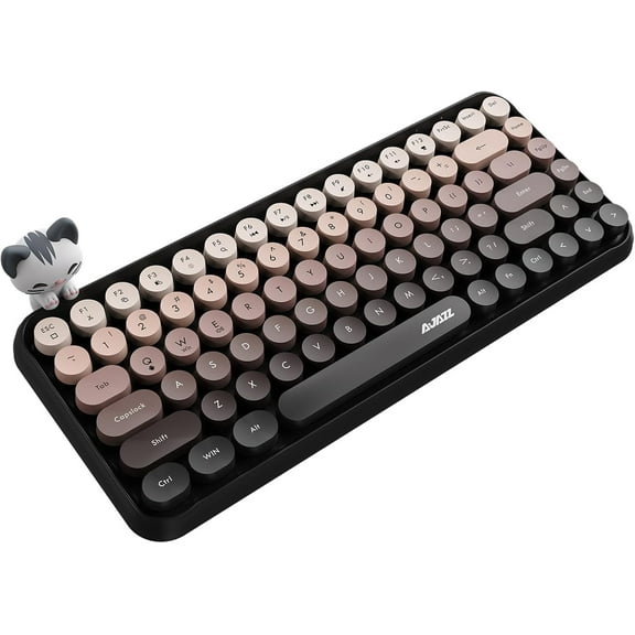 Ajazz 308i Retro Wireless Bluetooth Silent Computer Keyboard with Round Punk Compact 84 keys, Lightweight, Matte Texture, Typewriter Design, Cute Magnetic Cat Ornaments for PC, Laptop - Pink