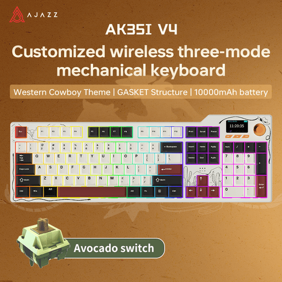 Ajazz AK35I V4 Full Size Wireless Mechanical Keyboard with 1.14" Color Screen & Knob, Tri-Mode Gasket Hot Swappable Gaming Keyboard, 10000mAh Battery, RGB, Purple