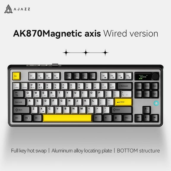 Ajazz AK870 87 Keys Gasket-Mounted Wireless Gaming Keyboard with Hot Swap Screen & Knob, BT5.0/2.4GHz/USB-C Mechanical Keyboard, with 5-Layer Padding for Win/Mac (Black, Magnetic Switch)