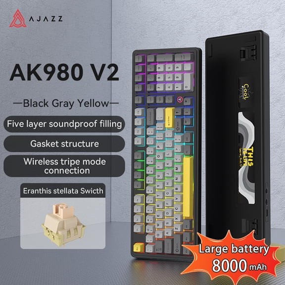 Ajazz AK980 V2 Blue White Wireless Mechanical Gaming Keyboard,Tri-Mode BT5.0/2.4GHz/USB-C, Hot Swappable RGB Backlit Computer Gaming Keyboards for