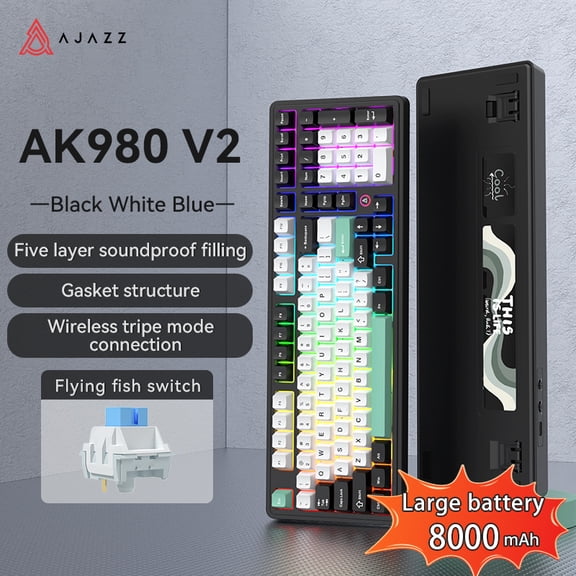 Ajazz AK980 V2 Blue White Wireless Mechanical Gaming Keyboard,Tri-Mode BT5.0/2.4GHz/USB-C, Hot Swappable RGB Backlit Computer Gaming Keyboards for