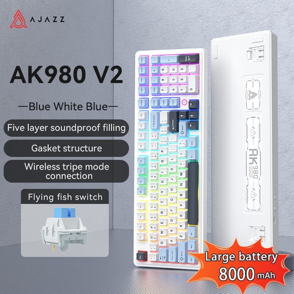 Ajazz AK980 V2 Blue White Wireless Mechanical Gaming Keyboard,Tri-Mode BT5.0/2.4GHz/USB-C, Hot Swappable RGB Backlit Computer Gaming Keyboards for