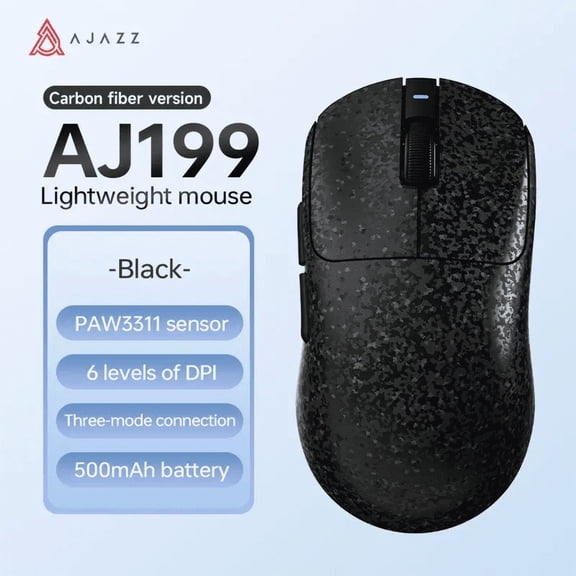 Ajazz Ultra-Lightweight 55g Wireless Gaming Mouse 24000 DPI PAW3311 Sensor Carbon Fiber Shell TTC 60M Clicks Switches 500mAh Battery 1K Polling Rate Durable & Anti-Slip Design Black