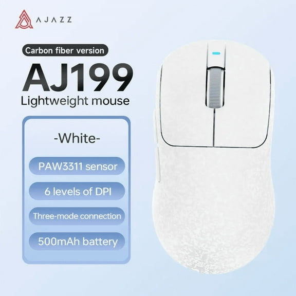 Ajazz AJ199 Wireless Gaming Mouse Ultra-Lightweight 55g Tri-Mode Connection 24000 DPI PAW3311 Sensor Carbon Fiber Shell 500mAh Battery 1K Polling Rate Durable & Anti-Slip Design Black
