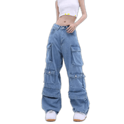 Ajem American Multi-Pocket Washed Loose Jeans Trendy Brand Wide-Leg Trousers For Men And Women With Long Design