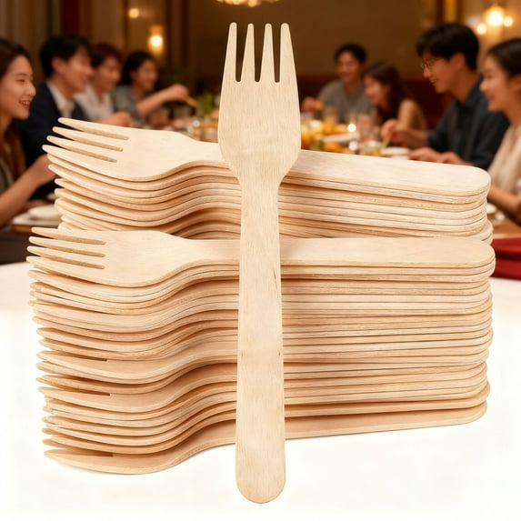 Ajhhao 100 Pcs Wooden Forks Bulk Compostable Utensils Wooden Cutlery Disposable Wooden Cutlery Set - Alternative to Plastic, Eco Friendly, Biodegradable Bamboo Cutlery 6.3 Inch