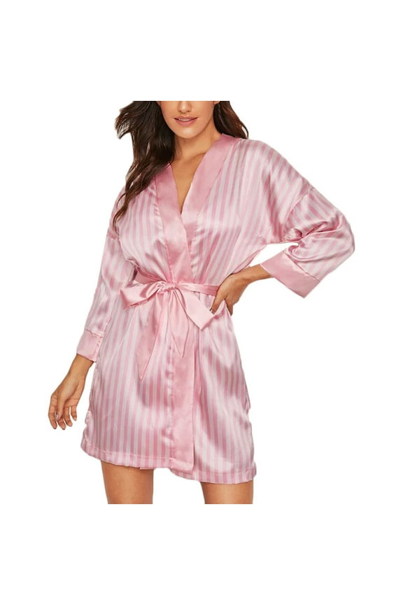 Plus Size Lingerie Women Silk Stripe Robe Satin Bathrobe Sleepwear Pajamas Lingerie for Women Pink