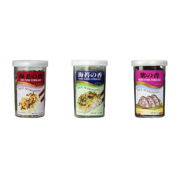 Ajishima JFC Rice Seasoning Fumi Furikake 3 Flavor Mixed Bundle (EBI,Nori Komi,Shiso) Plus NineChef Brand Long Handle Coffee Spoon
