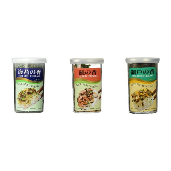 Ajishima JFC Rice Seasoning Fumi Furikake 3 Flavor Mixed Bundle (Nori Komi,Salmon,Seto) Plus NineChef Brand Long Handle Coffee Spoon