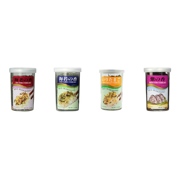 Ajishima JFC Rice Seasoning Fumi Furikake 4 Flavor Mixed Bundle (EBI,Nori Komi,Noritamago,Shiso) Plus NineChef Brand Long Handle Coffee Spoon