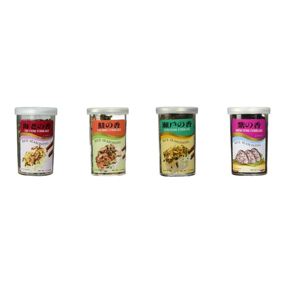 Ajishima JFC Rice Seasoning Fumi Furikake 4 Flavor Mixed Bundle (EBI,Salmon,Seto,Shiso) Plus NineChef Brand Long Handle Coffee Spoon