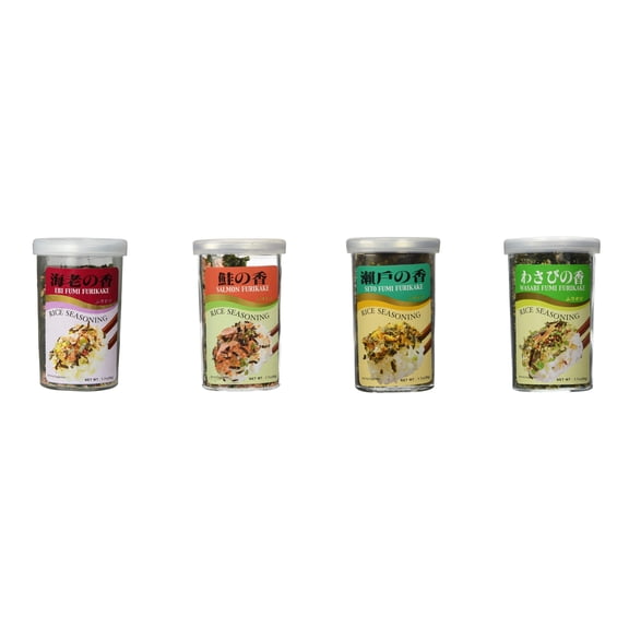 Ajishima JFC Rice Seasoning Fumi Furikake 4 Flavor Mixed Bundle (EBI,Salmon,Seto,Wasabi) Plus NineChef Brand Long Handle Coffee Spoon