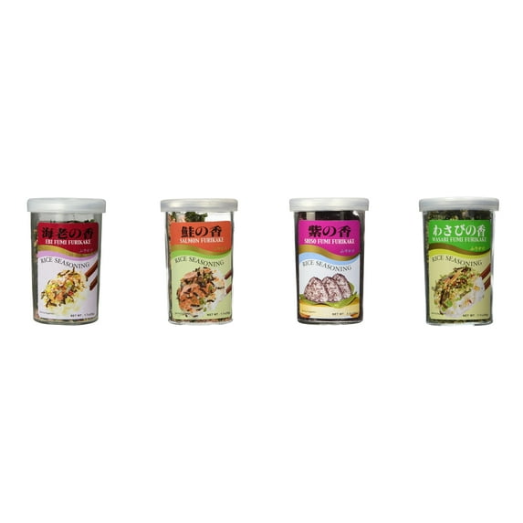 Ajishima JFC Rice Seasoning Fumi Furikake 4 Flavor Mixed Bundle (EBI,Salmon,Shiso,Wasabi) Plus NineChef Brand Long Handle Coffee Spoon