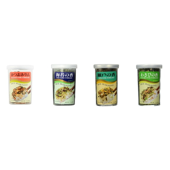 Ajishima JFC Rice Seasoning Fumi Furikake 4 Flavor Mixed Bundle (Katsuo,Nori Komi,Seto,Wasabi) Plus NineChef Brand Long Handle Coffee Spoon