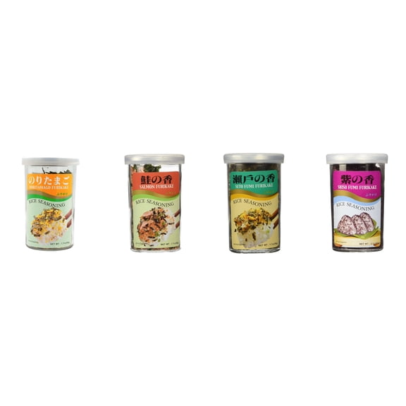 Ajishima JFC Rice Seasoning Fumi Furikake 4 Flavor Mixed Bundle (Noritamago,Salmon,Seto,Shiso) Plus NineChef Brand Long Handle Coffee Spoon
