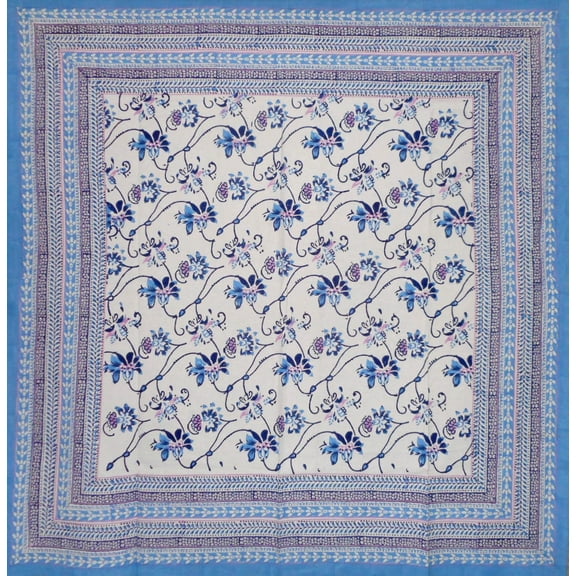 Ajit Flowers Block Print Square Cotton Tablecloth 60" x 60" Blue