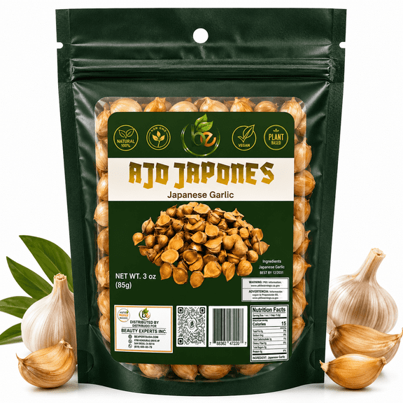 Ajo Japones 100% Natural 3 oz/85 gr, Vegano, Ajo Japons Japones Bolsa resellable de 3 oz/85 gr. /100% Natural Japanese Garlic 3 oz/85 gr, Vegan, Japanese Japanese Garlic 3 oz/85 gr resealable bag.