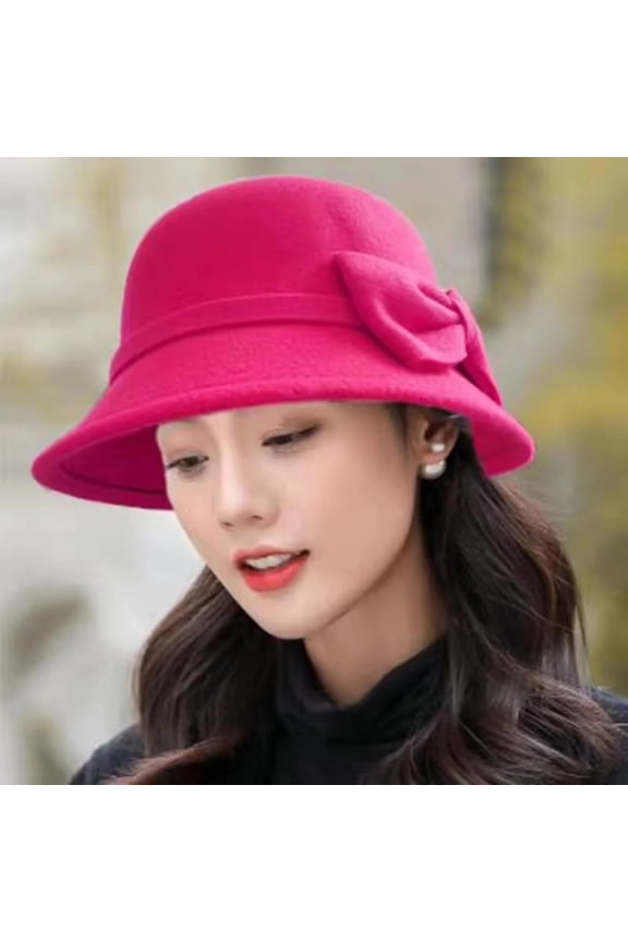 Beach Hats For Women, Solid Color Wide Brim Round Dome Warm Woolen Hat Women Autumn Winter Elegant Bowknot Decor Fedora Daily Wear, Pink