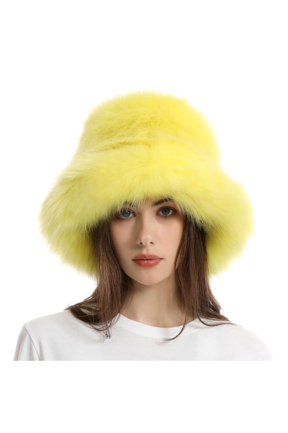 Beanies Hats For Women, Fuzzy Bucket Hat Fashion Warm Winter Fluffy Furry Plush Faux Hats Fishing For Women 2024, Yellow