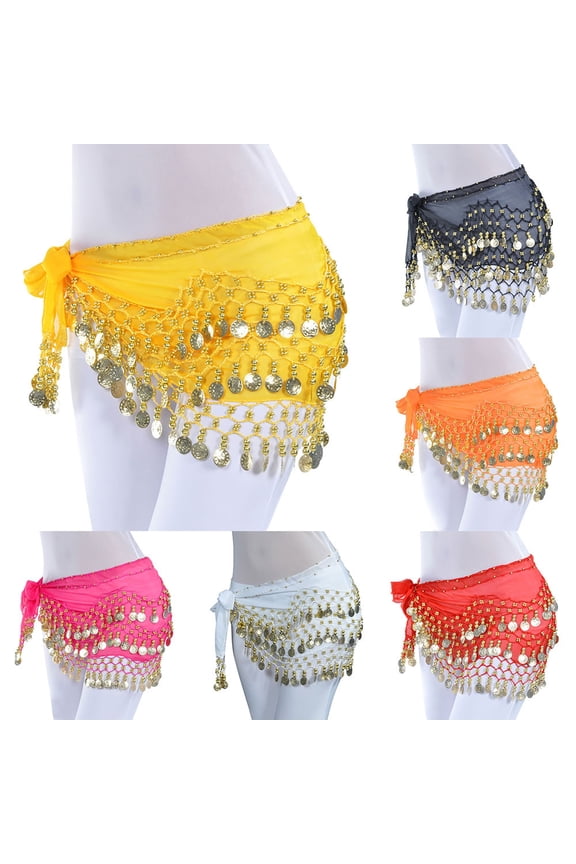 Belts For Women, Chiffon Belly Dance Hip Scarf Wrap Belt Tribal Sash Skirt Silver 128 Coins, Black