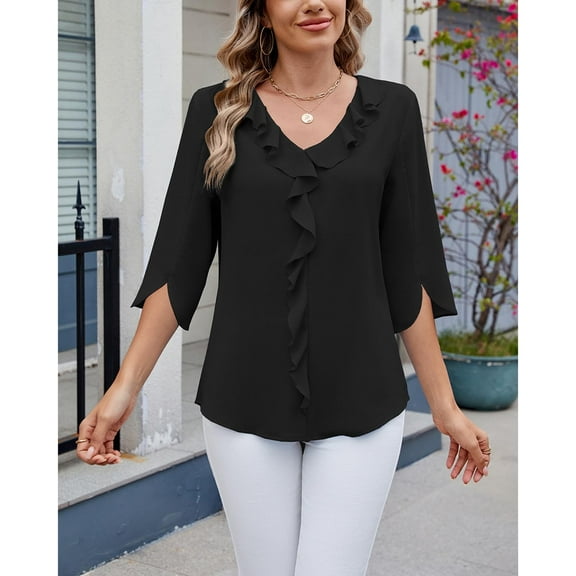 Ajshakl Black V-Neck Casual Blouses for Women Dressy Casual, 2025 Chiffon Shirt Mid Sleeved Pleated Ruffled Loose Top Mid Sleeved Top