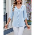thumbnail image 1 of Ajshakl Blue V-Neck Casual T Shirts for Women, 2025 Chiffon Shirt Mid Sleeved Pleated Ruffled Loose Top Mid Sleeved Top, 1 of 7