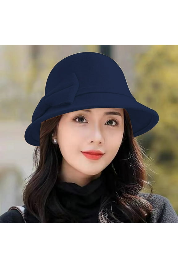 Bucket Hat, Solid Color Wide Brim Round Dome Warm Woolen Hat Women Autumn Winter Elegant Bowknot Decor Fedora Daily Wear, Blue